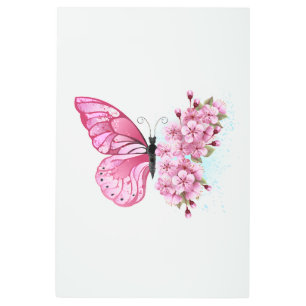 Impresión En Metal Mariposa de flores con Sakura rosa