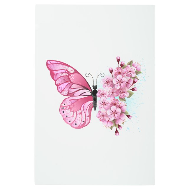 Impresión En Metal Mariposa de flores con Sakura rosa (Anverso)