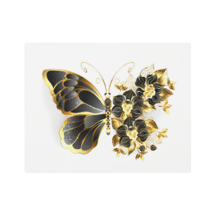 Impresión En Metal Mariposa de flores de oro con orquídea negra