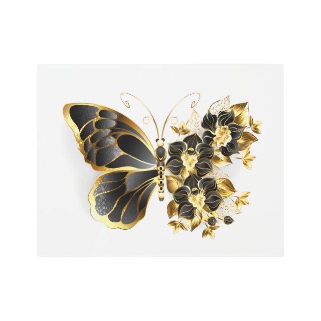 Impresión En Metal Mariposa de flores de oro con orquídea negra (Anverso)