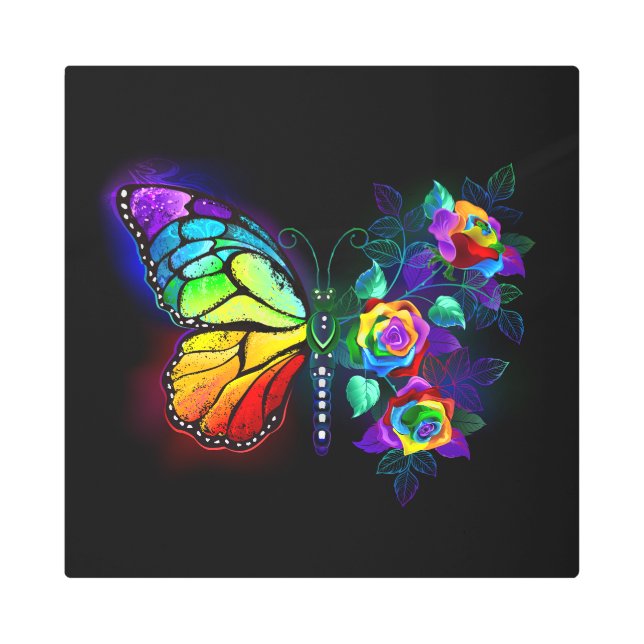 Impresión En Metal Mariposa florida arcoiris (Anverso)