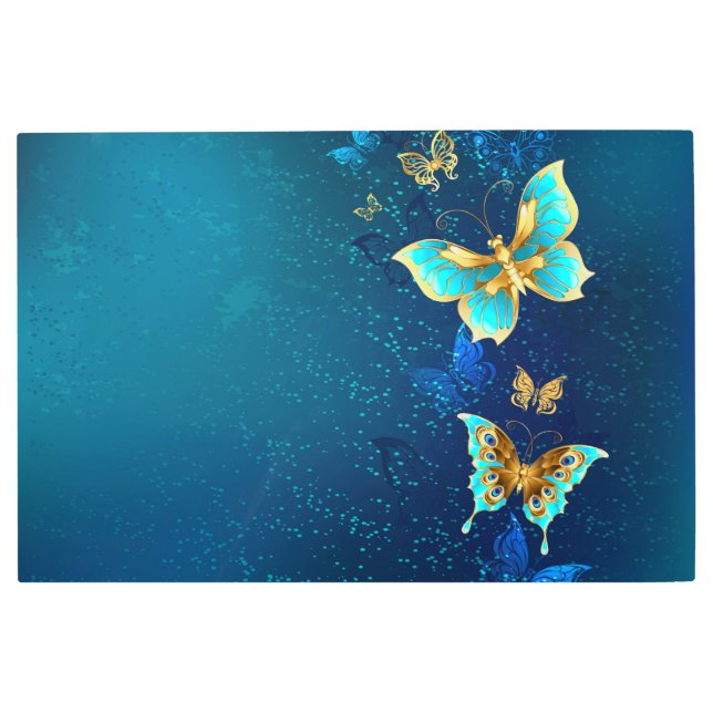 Impresión En Metal Mariposas doradas sobre fondo azul (Anverso)