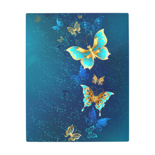 Impresión En Metal Mariposas doradas sobre fondo azul