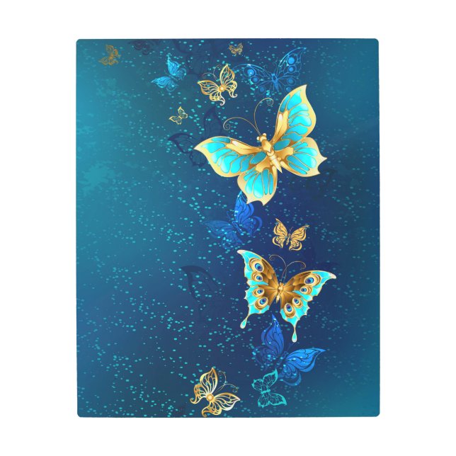 Impresión En Metal Mariposas doradas sobre fondo azul (Anverso)