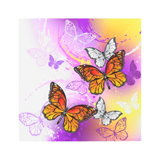 Impresión En Metal Mariposas monarcas en fondo morado (Anverso)