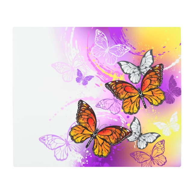 Impresión En Metal Mariposas monarcas en fondo morado (Anverso)
