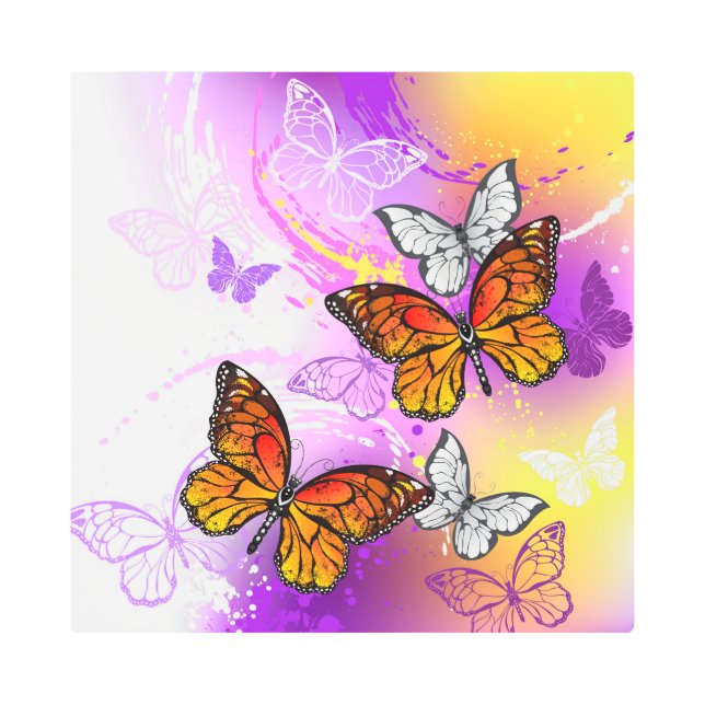 Impresión En Metal Mariposas monarcas en fondo morado (Anverso)