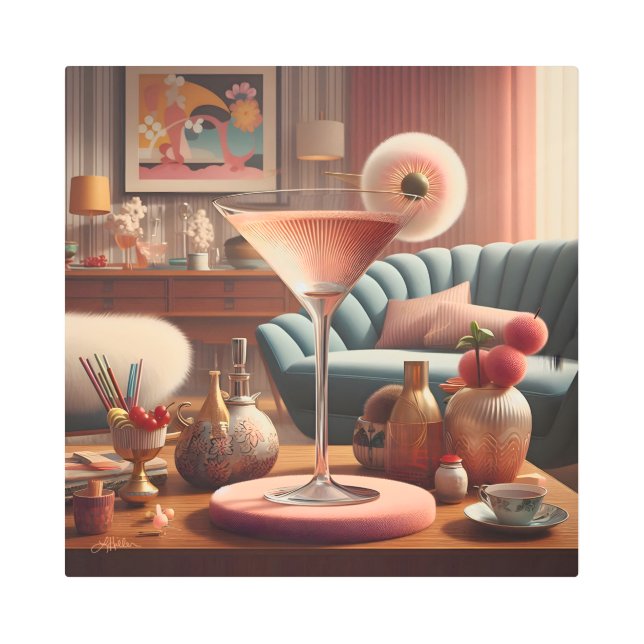 Impresión En Metal Martini con flores de cerezo futurista atómico (Anverso)