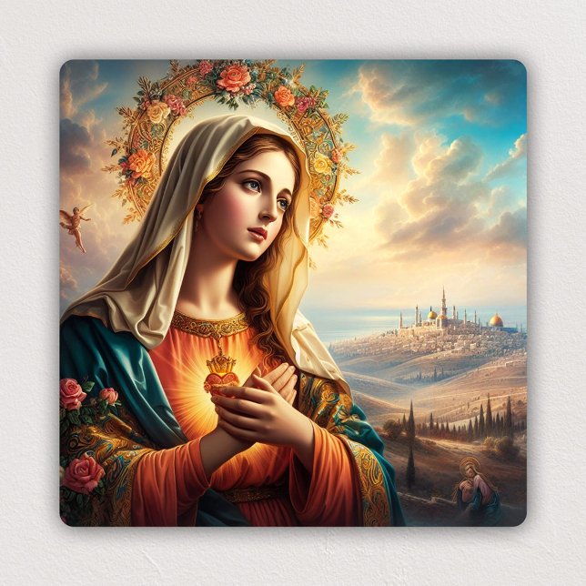 Impresión En Metal Mary Holy Heart Christian (Colorful wall art featuring the virgin Mary - blessed heart with in the background a city of light)