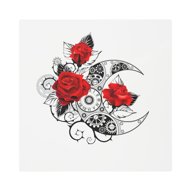 Impresión En Metal Media luna mecánica con rosas rojas (Anverso)