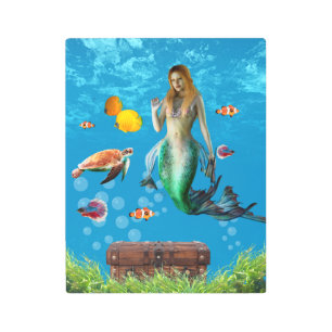 Impresión En Metal Mermaid subacuático Treasure Hunt Fantasy Blue