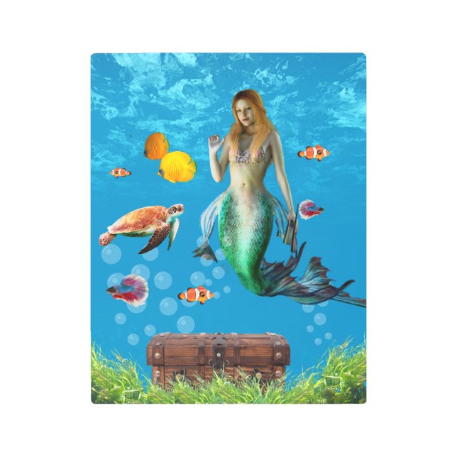 Impresión En Metal Mermaid subacuático Treasure Hunt Fantasy Blue (Anverso)