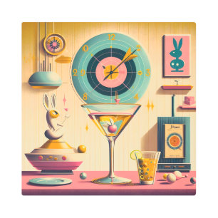 Impresión En Metal Mid Century Atómico Futurista Conejo Martini