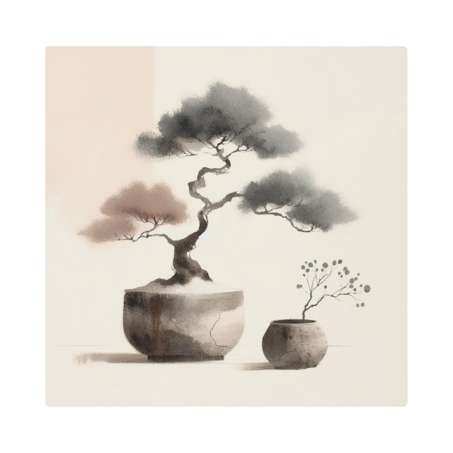 Impresión En Metal Minimal Japandi Bonsai in Earthy Tones (Anverso)
