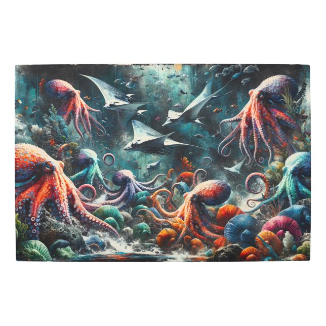 Impresión En Metal Míticas profundidades: Octopuses y Mantas en la mu (Anverso)