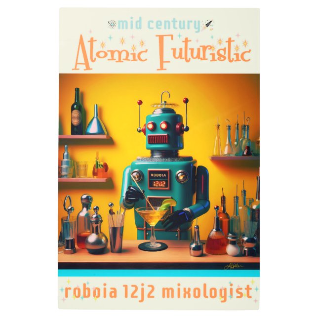 Impresión En Metal Mixólogo de Robot Futurista Retro ROBIA 12J2 (Anverso)