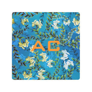 Impresión En Metal Moda floral azul monograma moderno