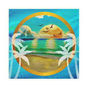 Impresión En Metal Moderna Playa Tropical Palm Trees Sunset Vacacione