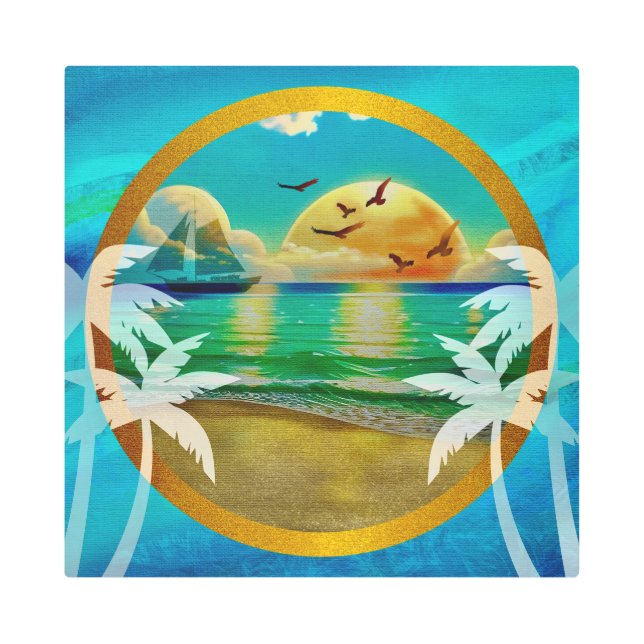 Impresión En Metal Moderna Playa Tropical Palm Trees Sunset Vacacione (Anverso)