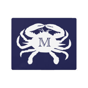 Impresión En Metal Monograma de cangrejo blanco y azul de la marina