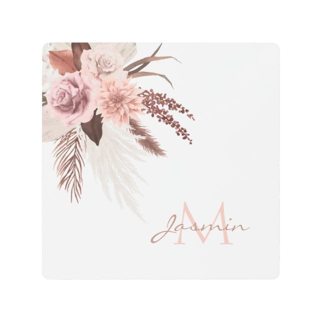 Impresión En Metal Monograma de flores secas de gramaje rosa de pampa (Anverso)