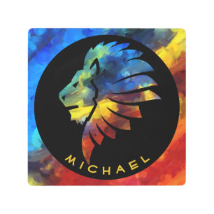 Impresión En Metal Monograma del nombre de la acuarela del león de la