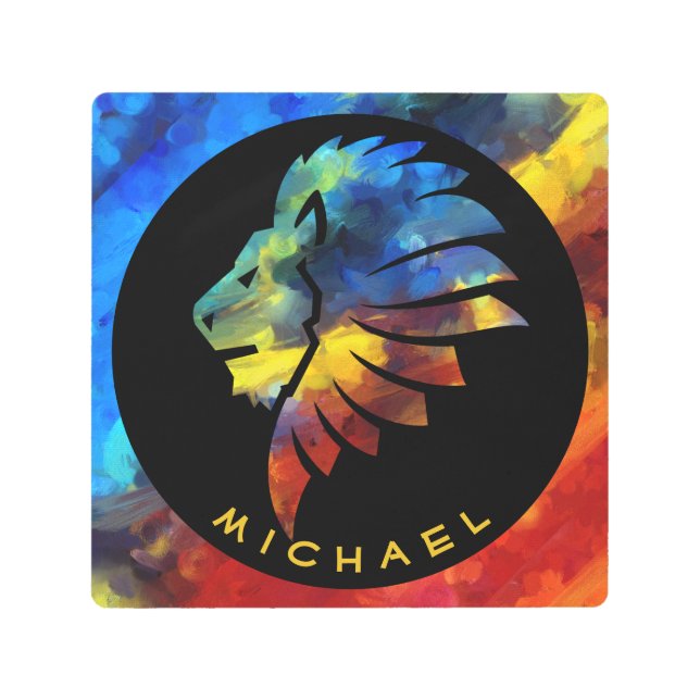 Impresión En Metal Monograma del nombre de la acuarela del león de la (Anverso)