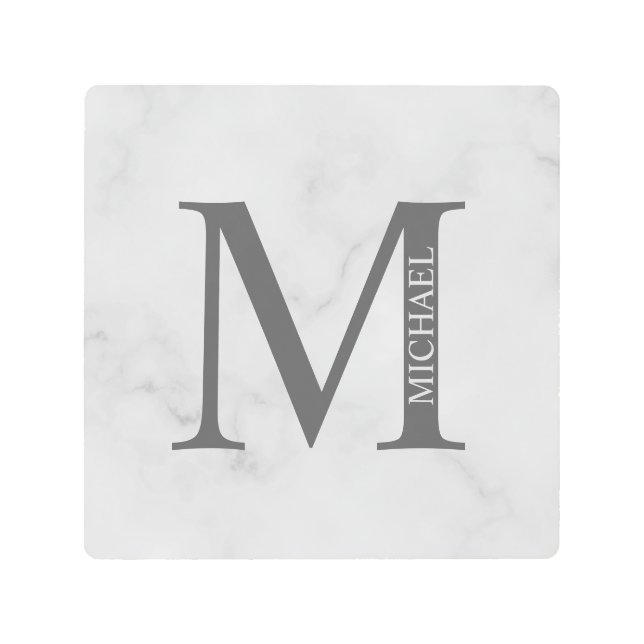 Impresión En Metal Monograma y nombre personalizados de mármol blanco (Anverso)