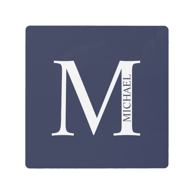 Impresión En Metal Monograma y nombre personalizados del azul marino (Anverso)