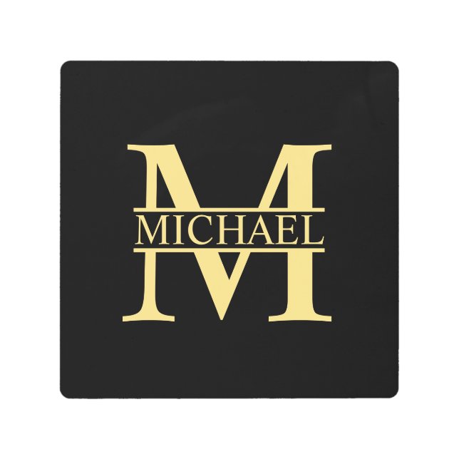 Impresión En Metal Monograma y nombre personalizados en negro y oro (Anverso)