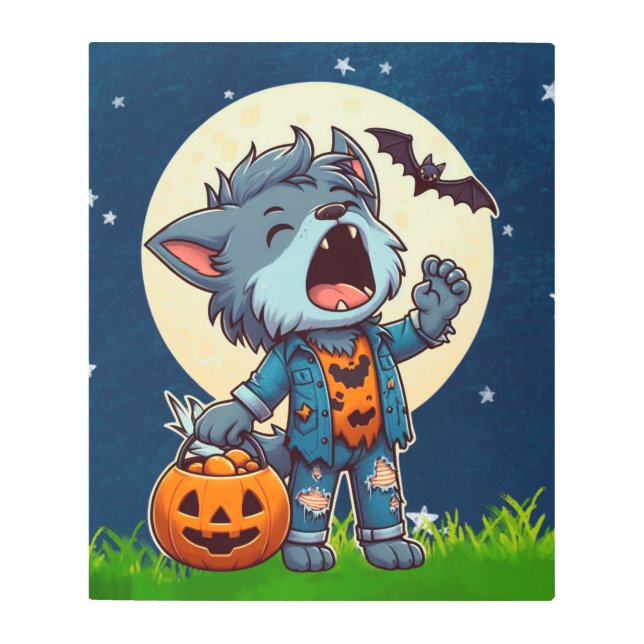 Impresión En Metal Monstruo de hombre lobo con calabaza (Anverso)