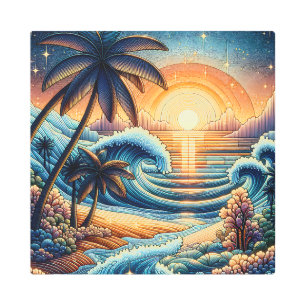 Impresión En Metal Mosaic Ai Art   Atardecer oceánico y palmeras