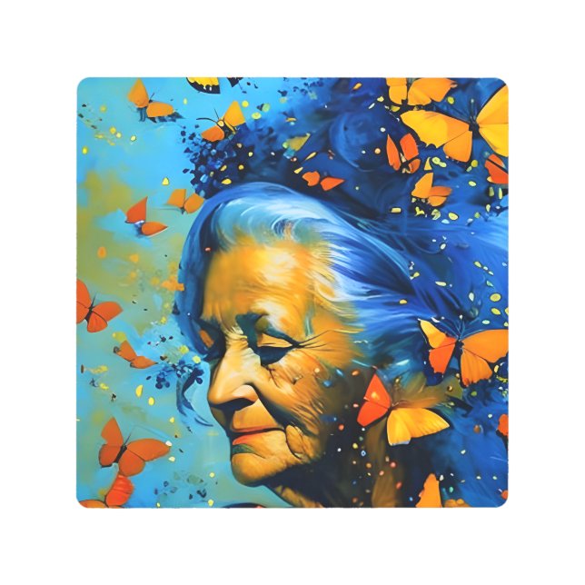 Impresión En Metal Mujer Anciana Con Mariposas (Anverso)