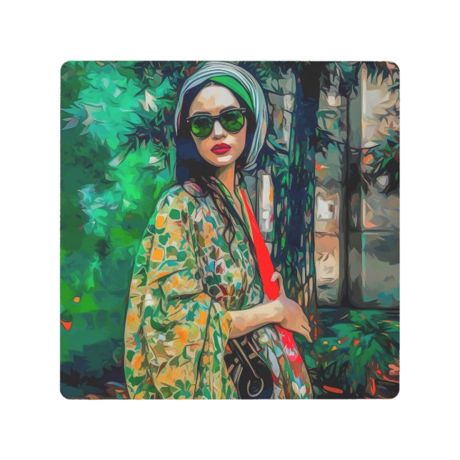 Impresión En Metal Mujer con gafas de sol verdes (Anverso)