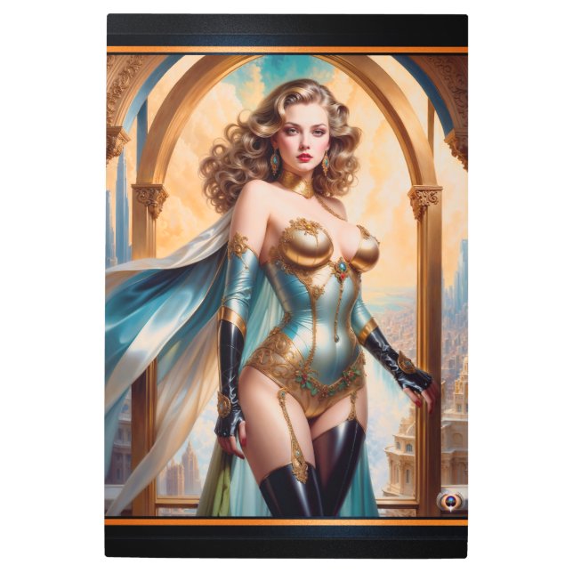 Impresión En Metal Mujer con opulento atuendo turquesa dorado de Xzen (Anverso)
