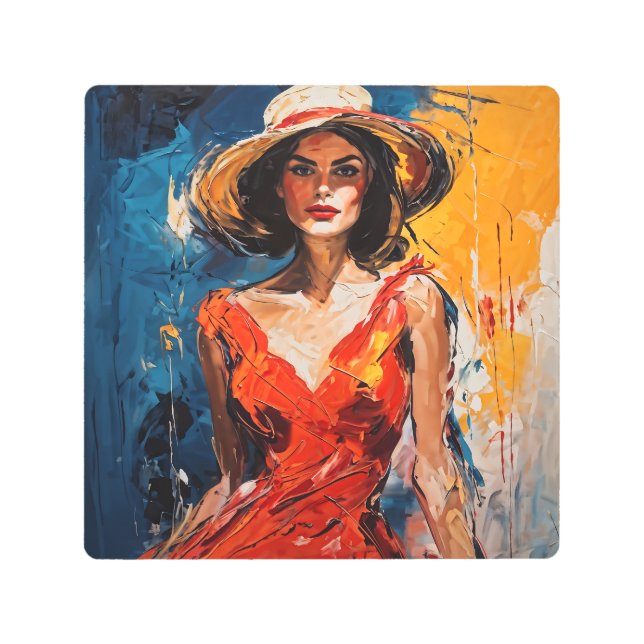 Impresión En Metal Mujer con traje de cóctel rojo (Anverso)