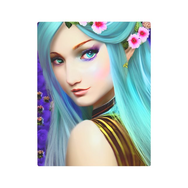 Impresión En Metal Mujer etérea azul con flores (Anverso)