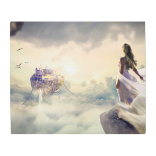 Impresión En Metal Mujer fantastica y castillo de la isla en las nube