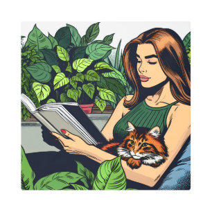 Impresión En Metal Mujer, gato y libro de historietas