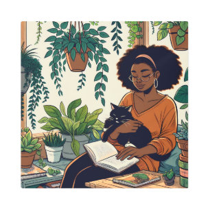 Impresión En Metal Mujer, gato y libro de historietas