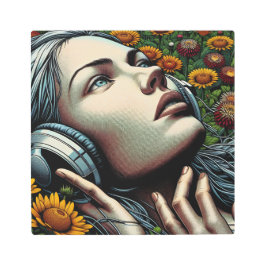 Impresión En Metal Mujer hermosa con audífonos en girasoles