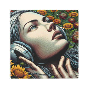 Impresión En Metal Mujer hermosa con audífonos en girasoles