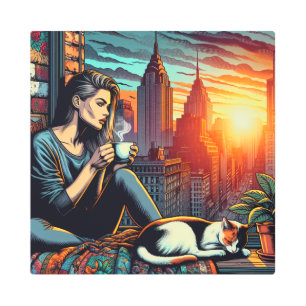Impresión En Metal Mujer leyendo en la ventana de la ciudad con gato
