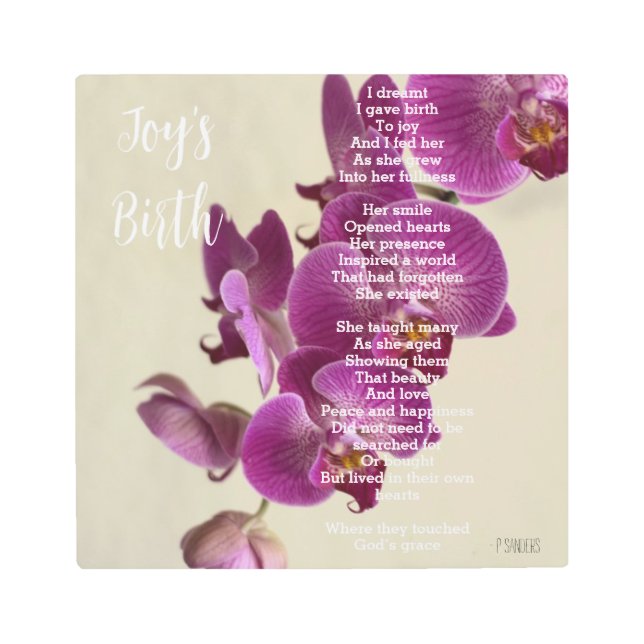 Impresión En Metal Nacimiento de la alegría, poema Inspirador, orquíd (Anverso)