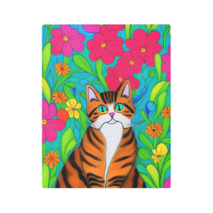 Impresión En Metal Naranja caprichoso gato rayado con flores rosas