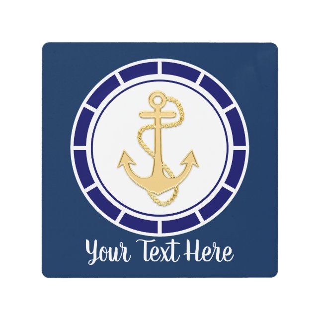 Impresión En Metal Náutica azul de la Marina Central del Ancla Dorada (Anverso)