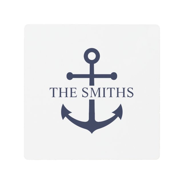 Impresión En Metal Nautical Navy Blue Anchor Nombre de familia person (Anverso)