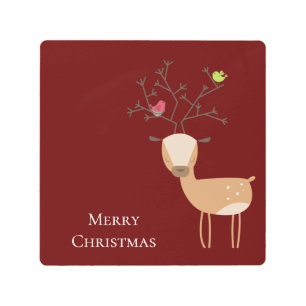 Impresión En Metal Navidades blancos ciervos con pájaros