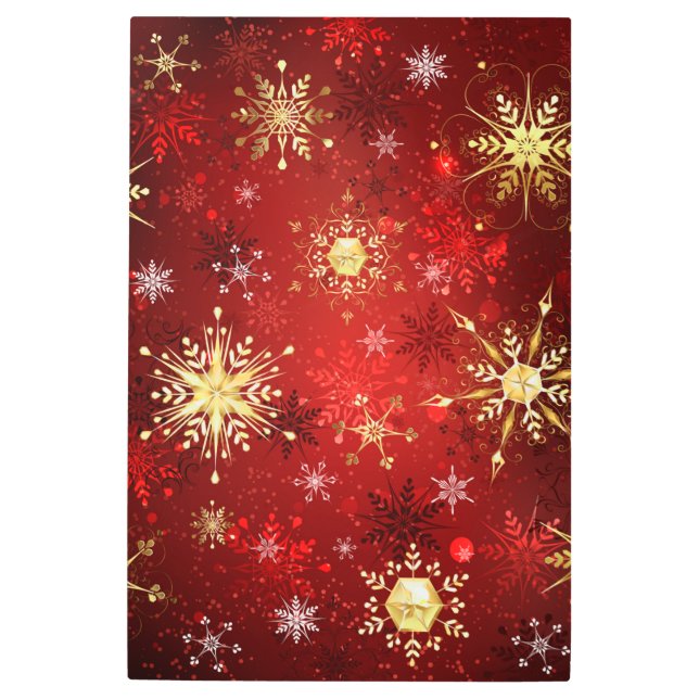 Impresión En Metal Navidades Copos de nieve dorados con fondo rojo (Anverso)