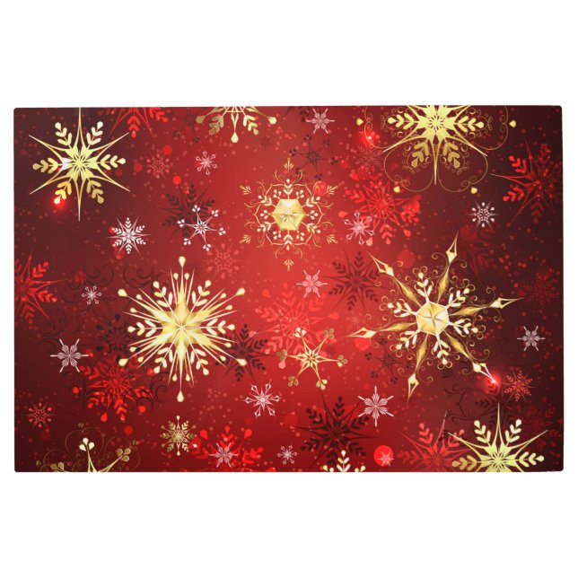 Impresión En Metal Navidades Copos de nieve dorados con fondo rojo (Anverso)